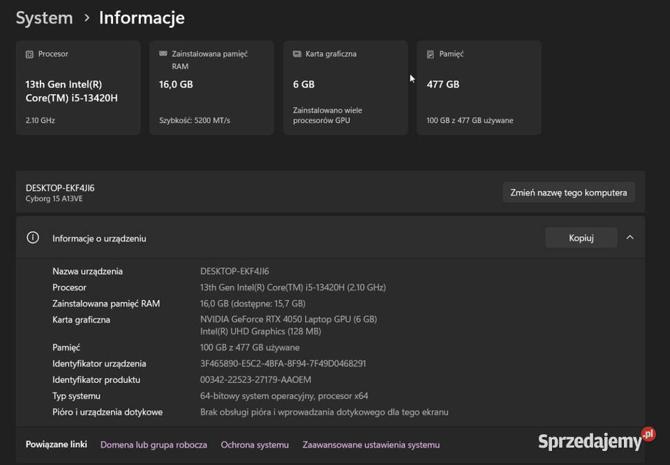 MSI Cyborg 15 A13VE RTX 4050 6GB i513420H 16GB Intel Core i5 MSI Kraków