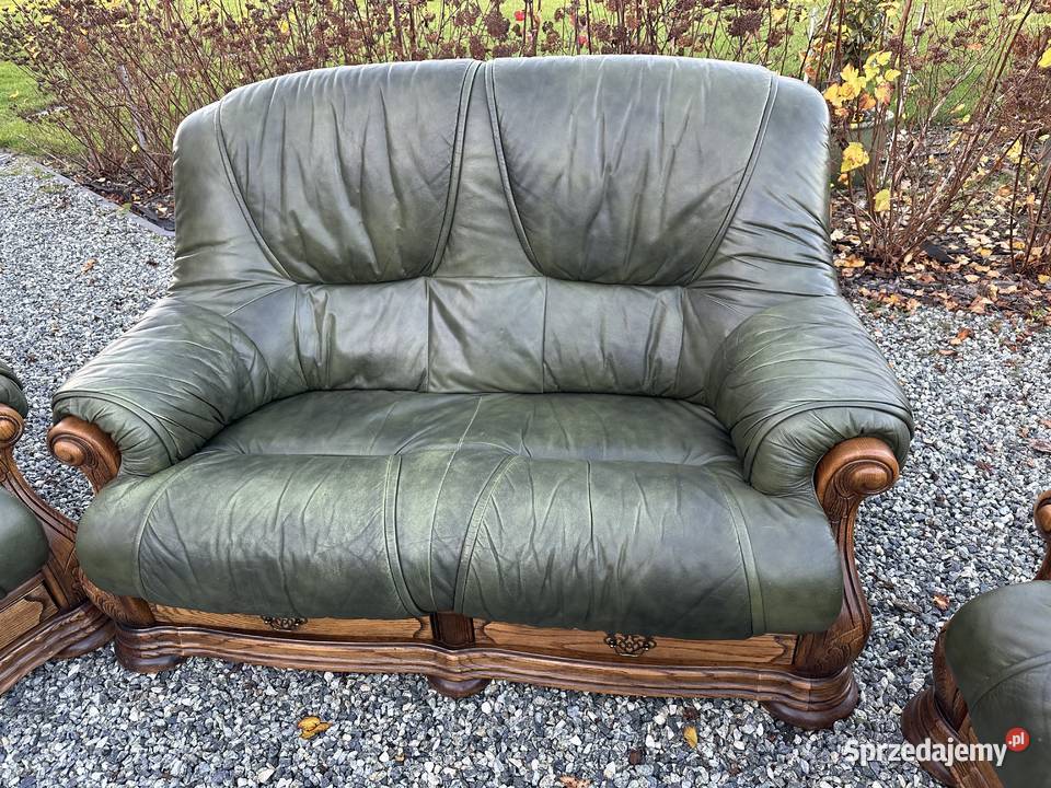 Masywny wypoczynek ze skóry na dębowym stelażu Sławoszewek sprzedam