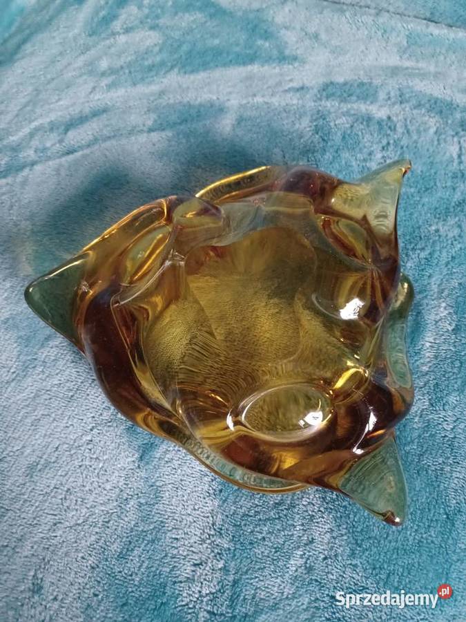 Stara szklana duża i ciężka popielniczka miodowa Łódź