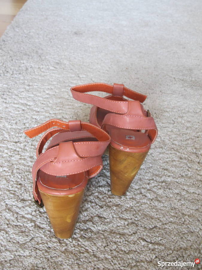Buty skórzane sandały na drewnianym obcasie Katowice