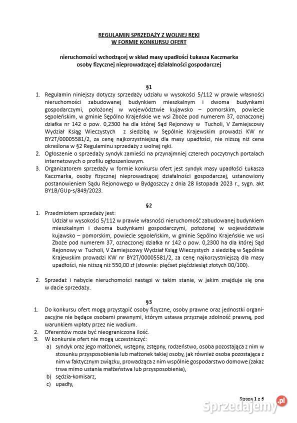 Syndyk sprzeda udział 5112 nieruchomości we wsi Syndyk sprzeda Sępólno Krajeńskie