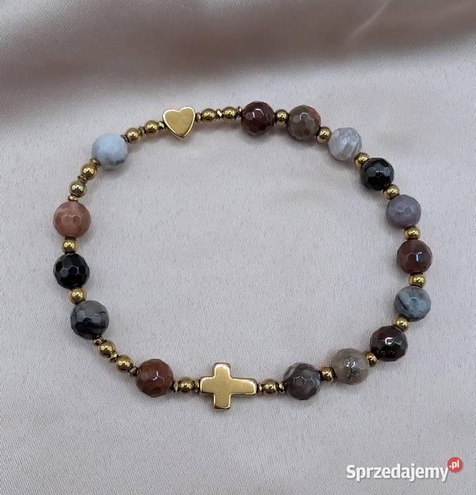 Bransoletka różaniec kamienie krzyżyk serduszko Głogów