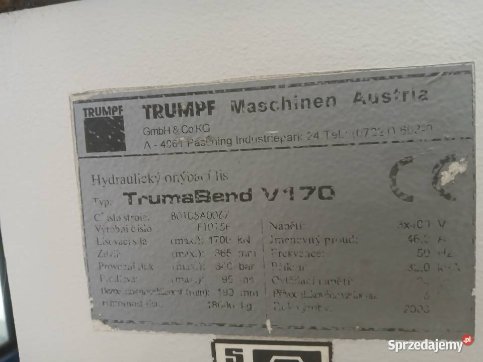 Sprzedam prase krawedziowa TRUMPF V 170 z 2003 Chochołów sprzedam