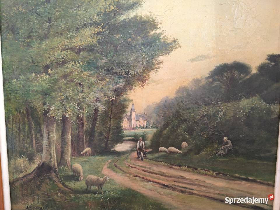 Piękny obraz olejny scena rodzajowa sygnowany Łódź