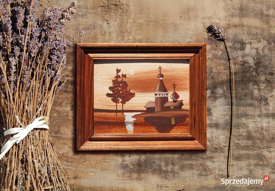 Pejzaż cerkiew stary obrazek olejny Rosja odcienie brązowego lubelskie Lublin