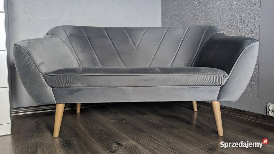 Sofa Kanapa welur szara na drewnianych nogach 74cm Świdnica
