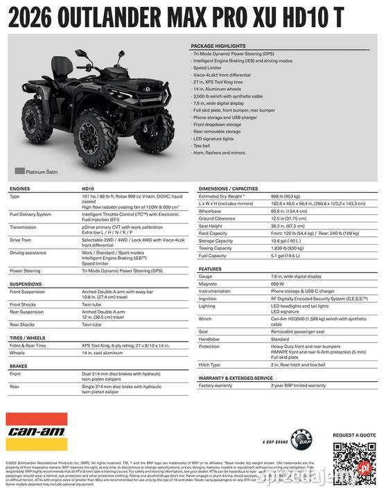 Quad CanAm Outlander Pro XU HD10 T 4XTA Platinum Nowy Sącz