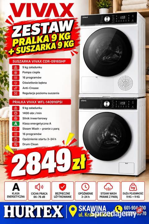 Zestaw Pralka 9 1400 Inverter Steam Suszarka 9 Skawina