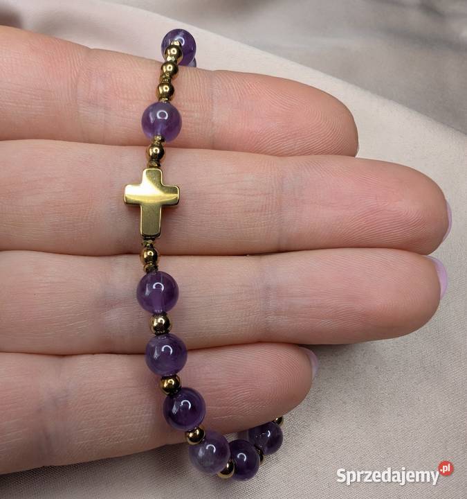Bransoletka różaniec kamienie ametyst krzyżyk Bransoletki Łowicz