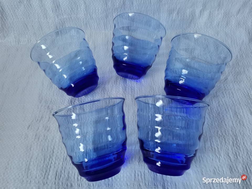 Stare przedwojenne niebieskie szklanki szkło Art Deco 5 szt