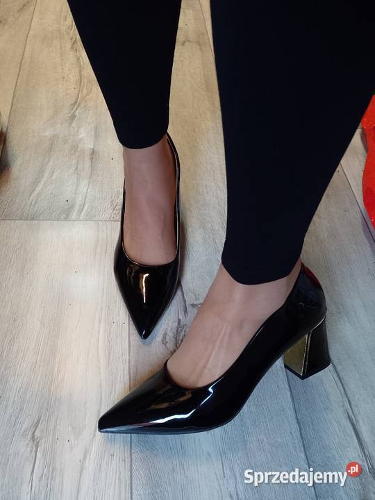 42 Czarne czółenka wieczorowe z ozdobnym obcasem inna sprzedam