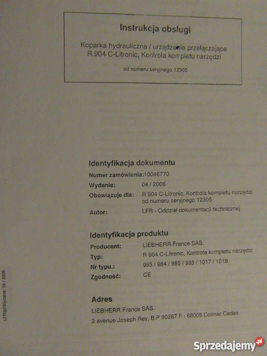 INSTRUKCJA OBSŁUGI DTR LIEBHERR R904 C i inne zachodniopomorskie Szczecin