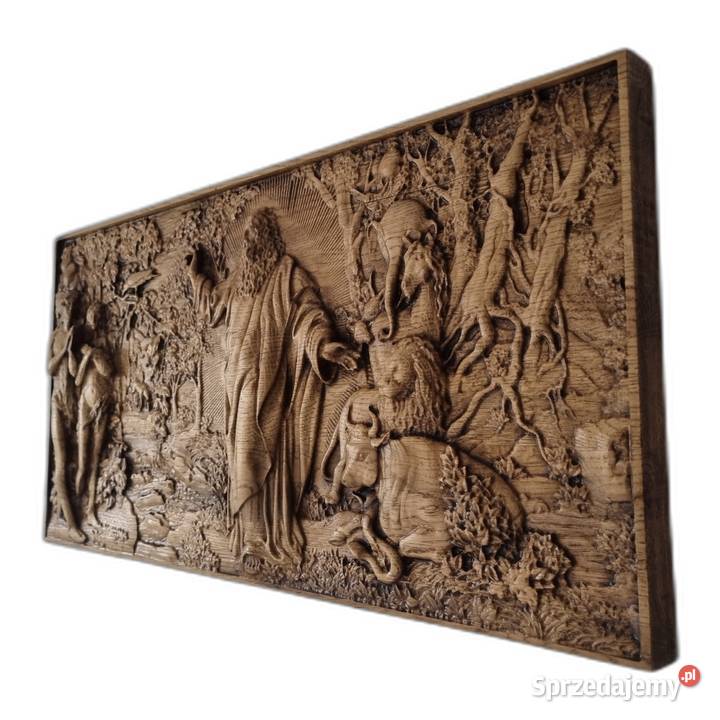 Stworzenie Adama i Ewy Piękna dębowa rzeźba Malechowo