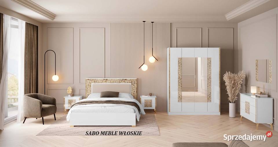 Nowoczesna włoska sypialnia ze złotymi dodatkami biała