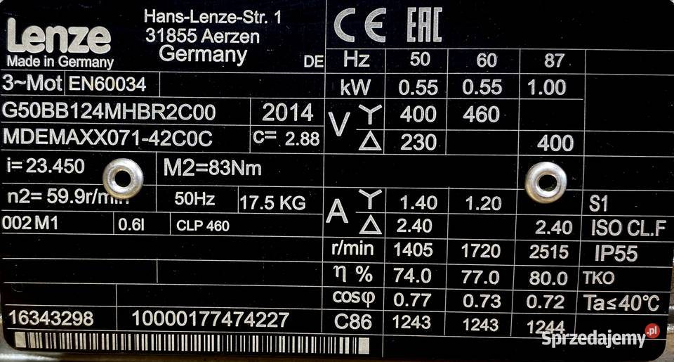 motoreduktor przekładnia 055kW 599obr 3fazowy Pigża