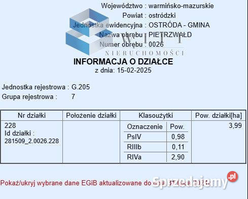 sprzedaży ziemi Pietrzwałd 154000m2