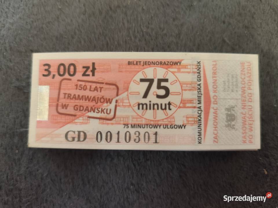 Bilet Gdańsk 75-minutowy jednorazowy 100 sztuk Okazja !