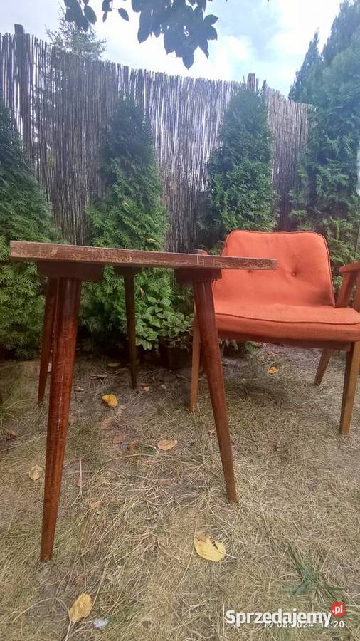 Zestaw PRL stolik patyczak plus dwa fotele Meble Poznań