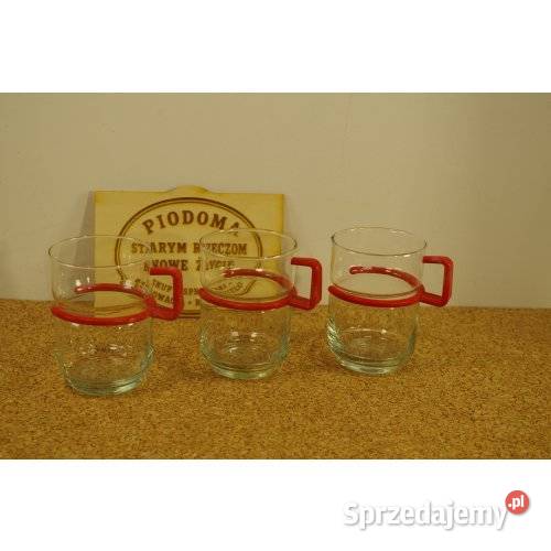 Komplet 3 szklanek vintage z czerwonym uchwytem Porcelana i szkło sprzedam