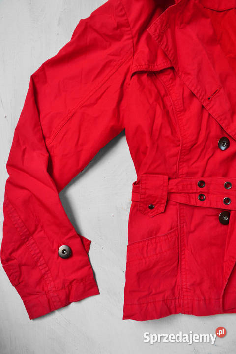 krótki trencz czerwony płaszczyk z paskiem L XL Warszawa