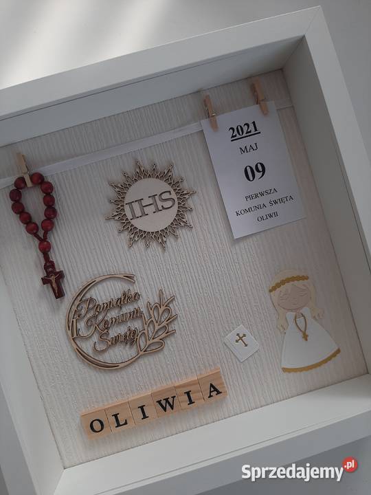 Pamiątka I Komunii Świętej w ramce 27x27 Antyki, Sztuka, Kolekcje Wilkowice