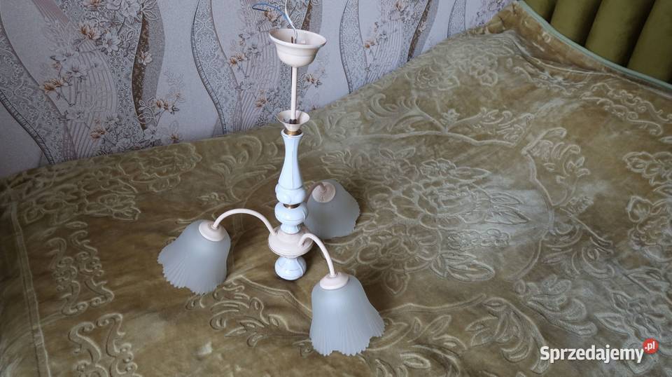 Żyrandol 3 Ramienny z Porcelitu Klosze Szkło PRL dolnośląskie Ziębice