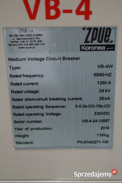 Wyłącznik ŚN VB4W 24kV1250A25kA Włoszczowa