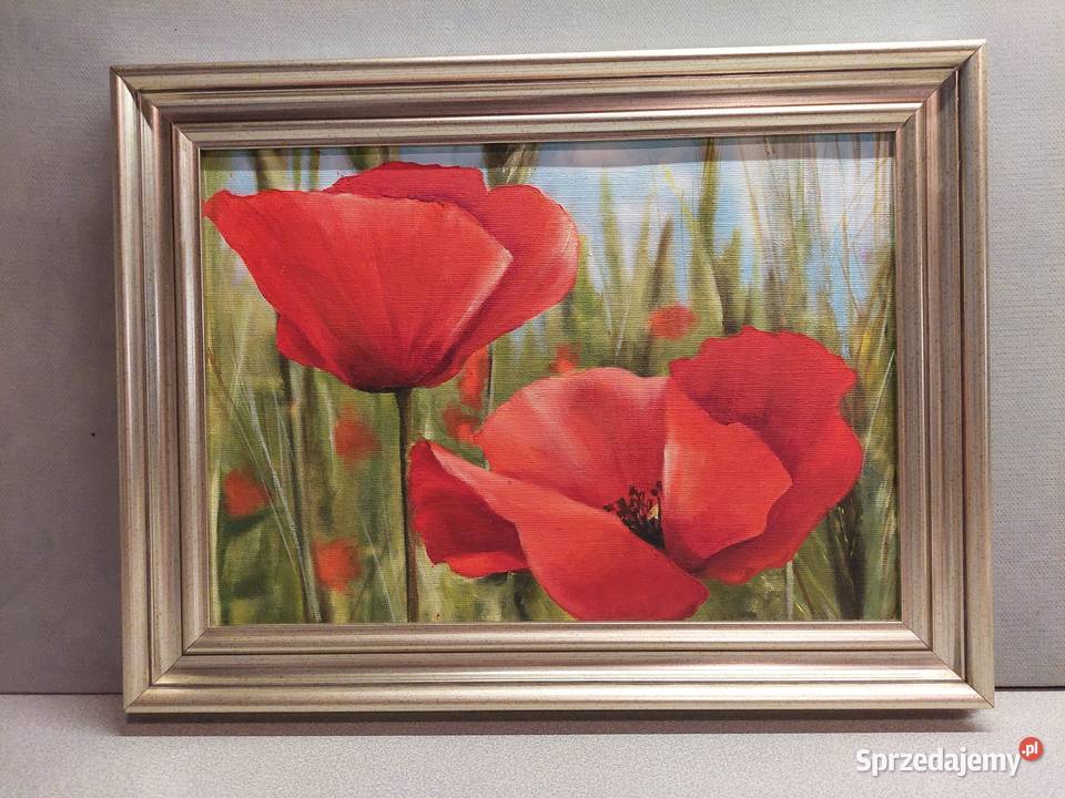 Kwiaty w jasnozłotej ramie trzy obrazy Wrocław