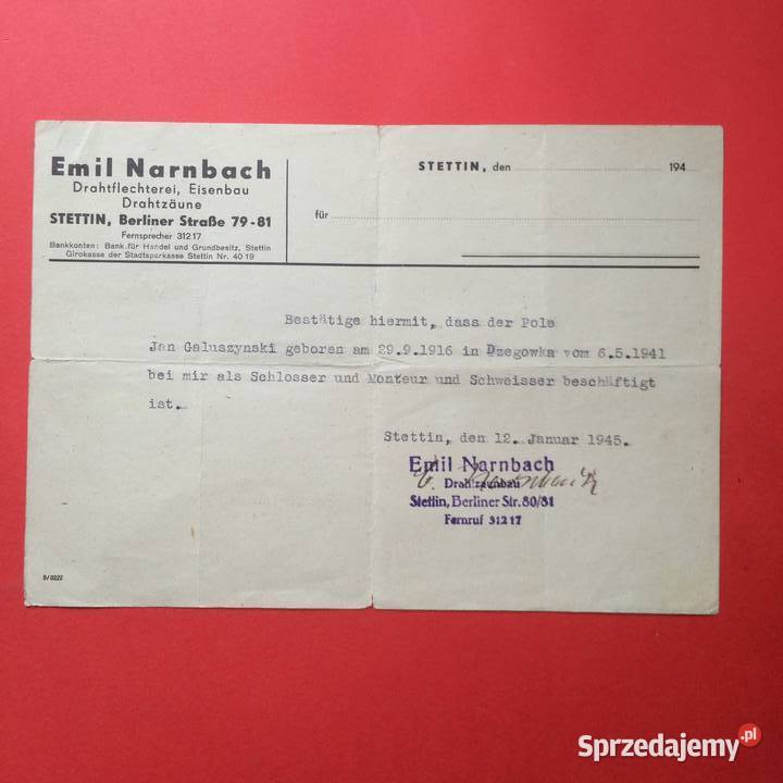 1955 Pismo Niemieckie O Pracy u E Narnbach Szczecin