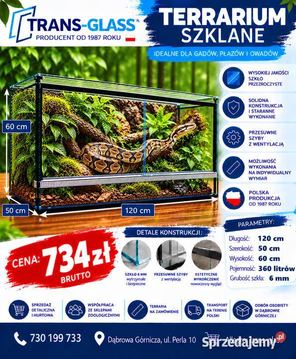 Terrarium szklane 120x50x60 szkło 6 mm producent Dąbrowa Górnicza sprzedam