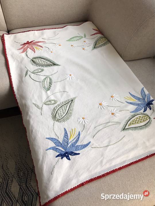 Biały obrus vintage ręcznie haftowany liście Obrusy i serwety Warszawa sprzedam