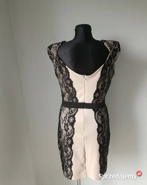 Beżowa Sukienka wyszywana czarną koronką kwiaty Rozmiar 38(M) Krosno