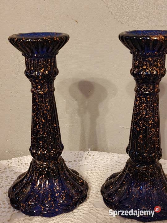 Świeczniki szkło Vintage kobaltowe Porcelana i szkło Legnica