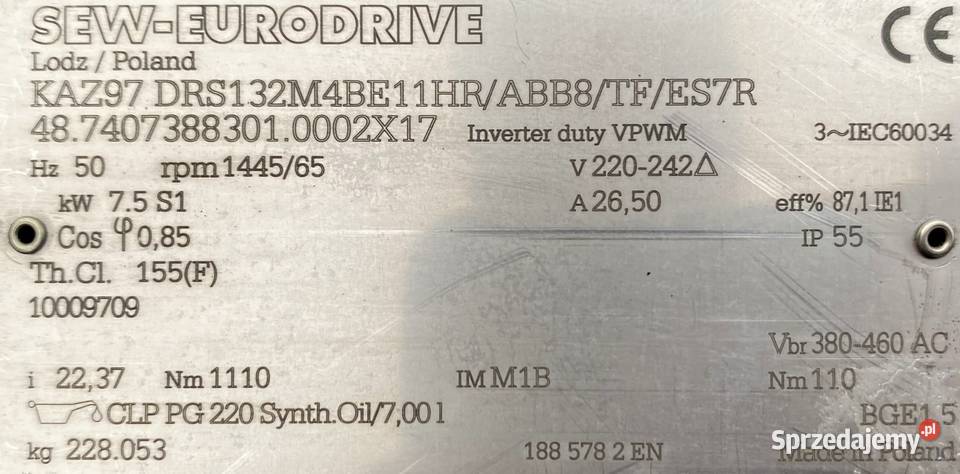 motoreduktor przekładnia 75kW 65obr HAMULEC SEW Pigża