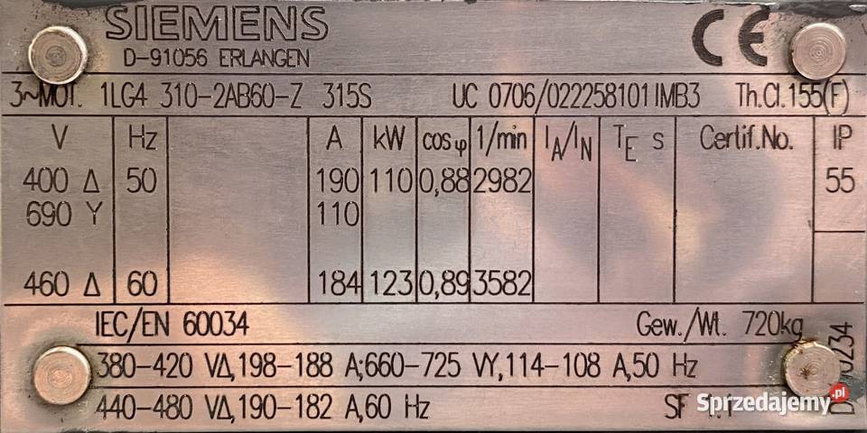silnik elektryczny 110kW 2982obr 3fazowy SIEMENS kujawsko-pomorskie