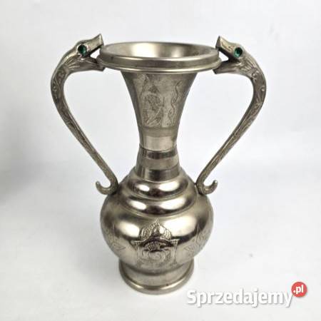 Wazon z uchwytami w kształcie głów węży metal Antyki Bronisze