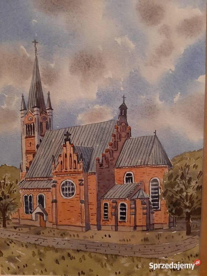 kościół z cegły akwarela 20x30 ramka 32x42 Malarstwo Sandomierz