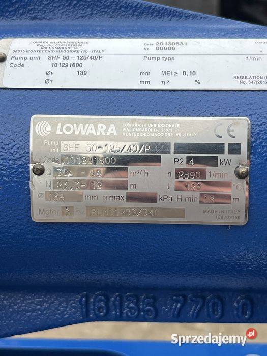 Pompa LOWARA SHF 50125 4KW 3684m3h H 23312m NOWA Tuliszków sprzedam