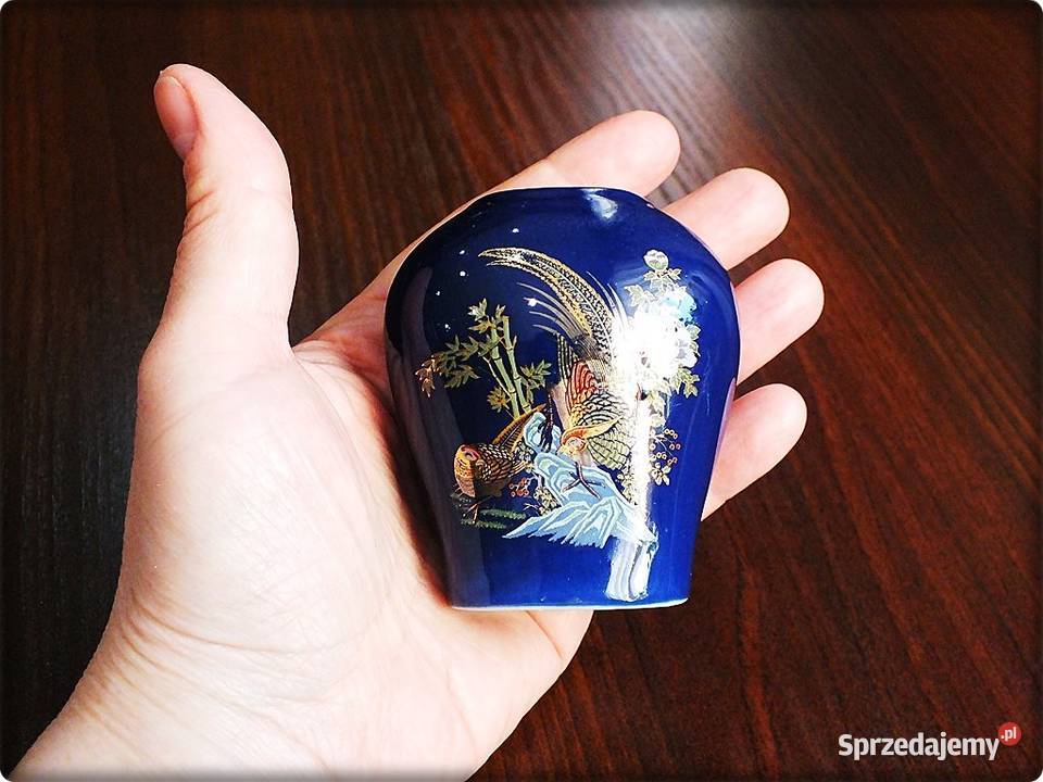 Stary Japoński Wazon Wazonik Kobaltowy Ręcznie Porcelana i szkło