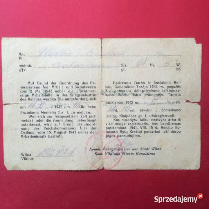 1351 Dokument W Języku Niemieckim i Litewskim sprzedam