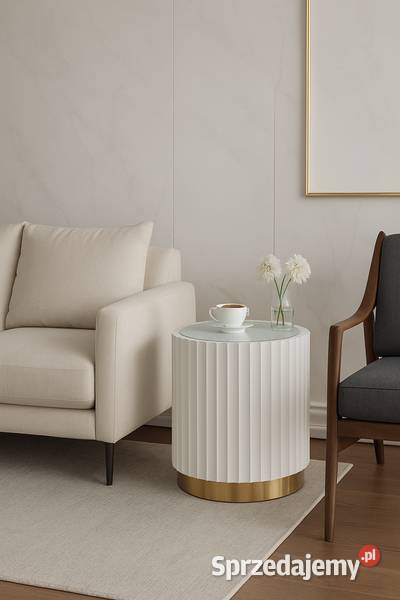 Stolik kawowy ryflowany biały okrągły złoty z Stoliki kawowe i ławy małopolskie Golkowice