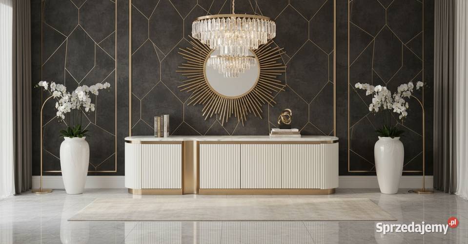 Ryflowana szafka RTV złota biała z blatem Golkowice sprzedam