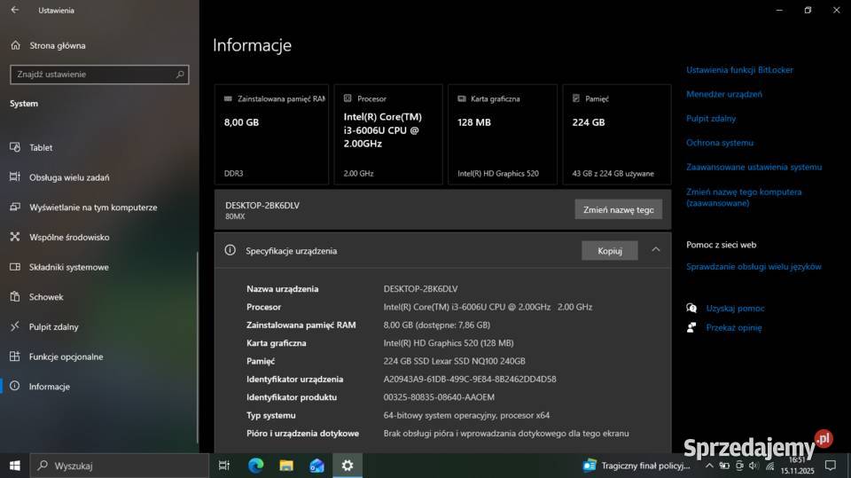 Lenovo E3180 i36006U 8GB RAM ssd240GB 133 Święta Katarzyna