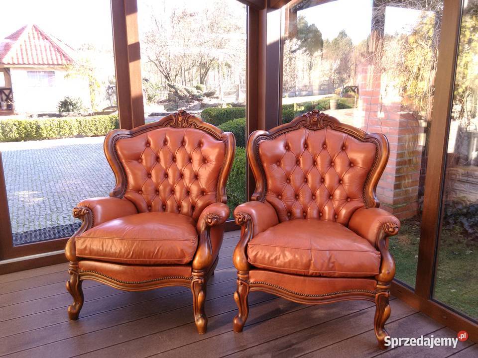 Fotele LudwikBarok Rzeźbione Skóra Antyk Stan Meble łódzkie