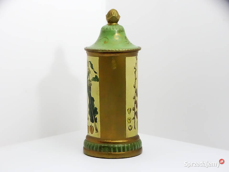 Zabytkowy pojemnik aptekarski z ilustracją Biłgoraj