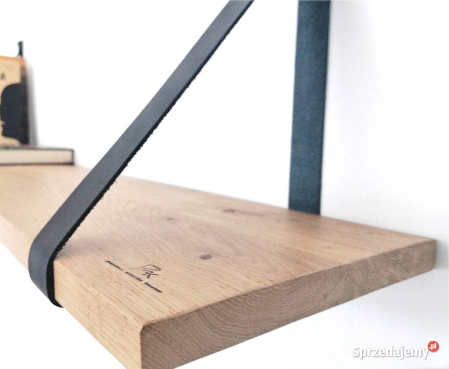 półka loft dębowa na paskach ze skóry licowej 20cm Kraków