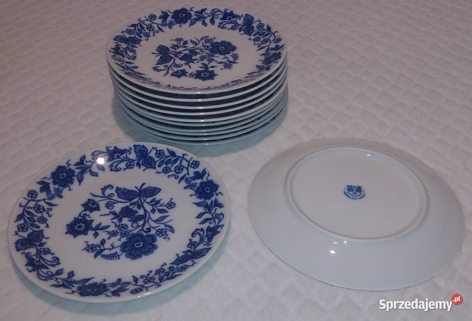 Talerz płaski 195 niebieskie kwiaty Szkło Czeladź