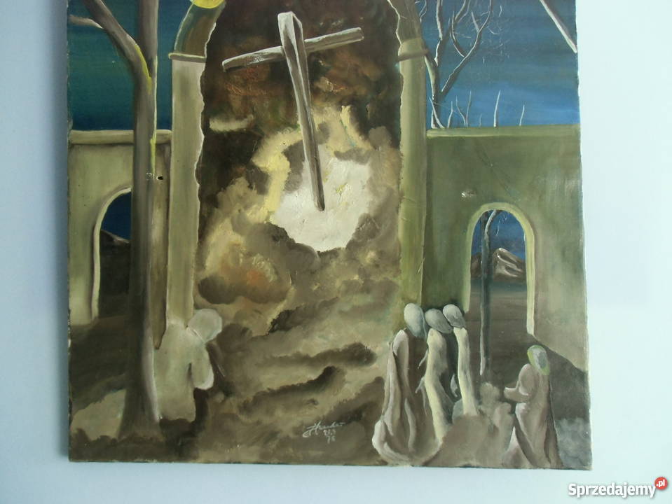 Stary duży obraz olejny na płótnie Przepowiednia Warszawa sprzedam