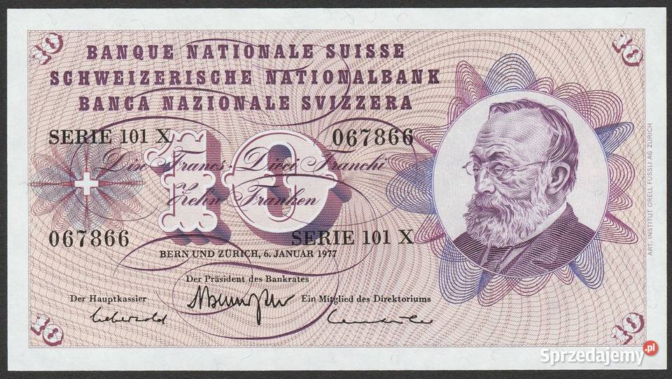Szwajcaria 10 frank 1977 stan bankowy UNC