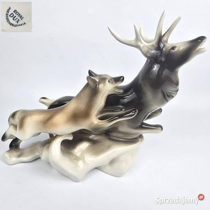 Scena myśliwska wilk i jeleń Royal Dux Czechy Porcelana i szkło Bronisze sprzedam